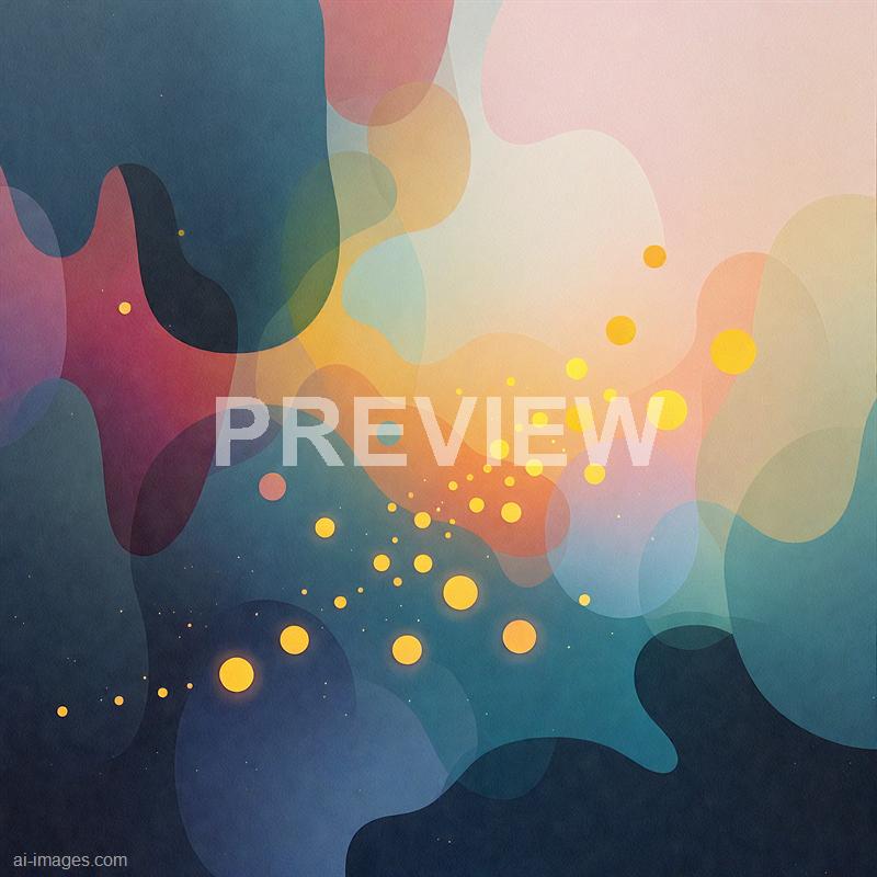 The image features an abstract composition of overlapping, semi-transparent shapes in various pastel and vibrant colors, including pinks, blues, yellows, and greens. Scattered throughout are numerous small, circular dots that appear to be emanating from a central point, creating a sense of movement and depth within the artwork. The overall effect is a dynamic, colorful, and fluid visual with a soft textured background.